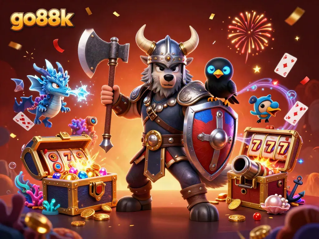 Win big with go88k in a vibrant 3D casino scene featuring characters and dynamic game elements.