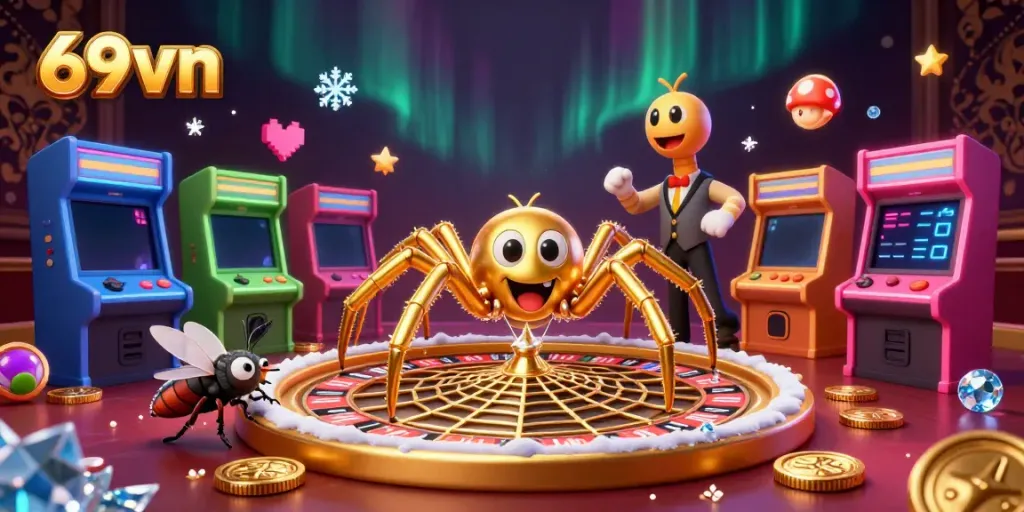 Experience thrilling bets with the 69vn golden spider spinning a roulette wheel in a vibrant casino.