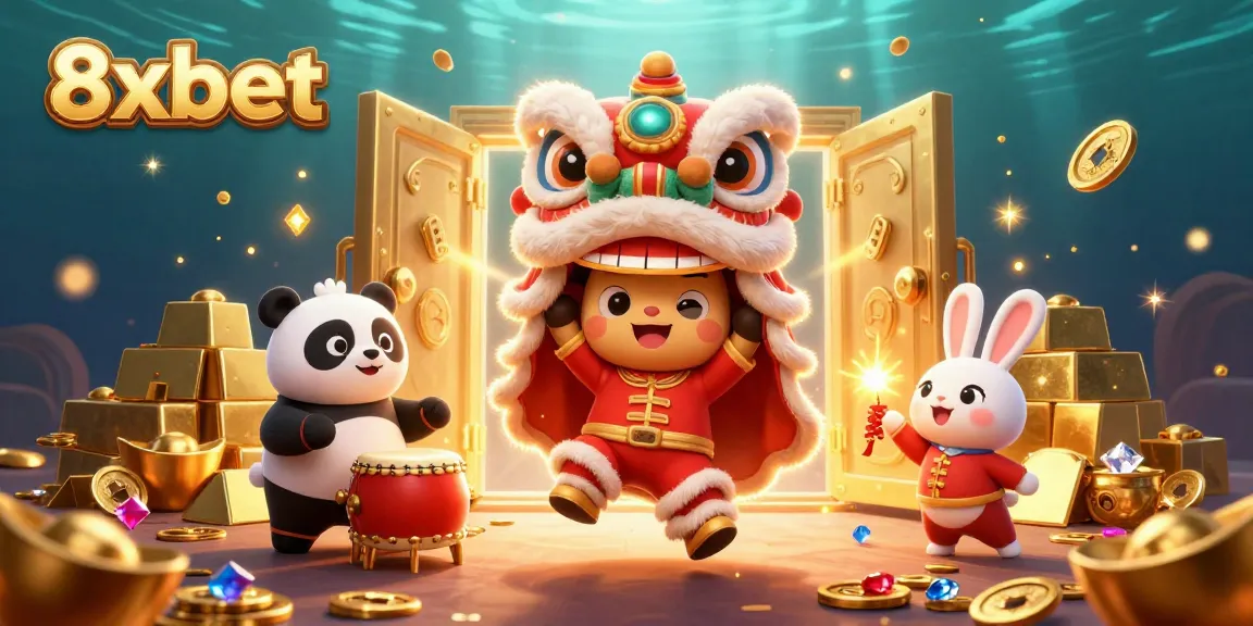 Engage with 8xbet's festive lion dance, surrounded by sparkling treasures and casino elements.