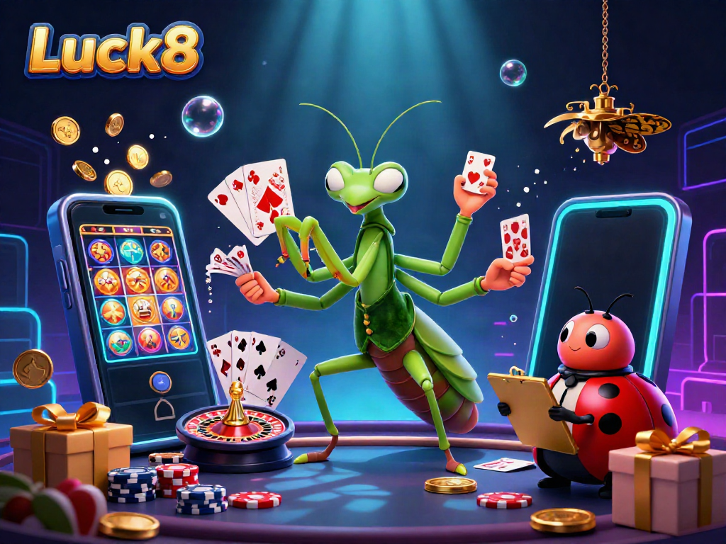 Luck8 showcases engaging casino fun with a colorful scene of 3D characters in a vibrant gambling environment.