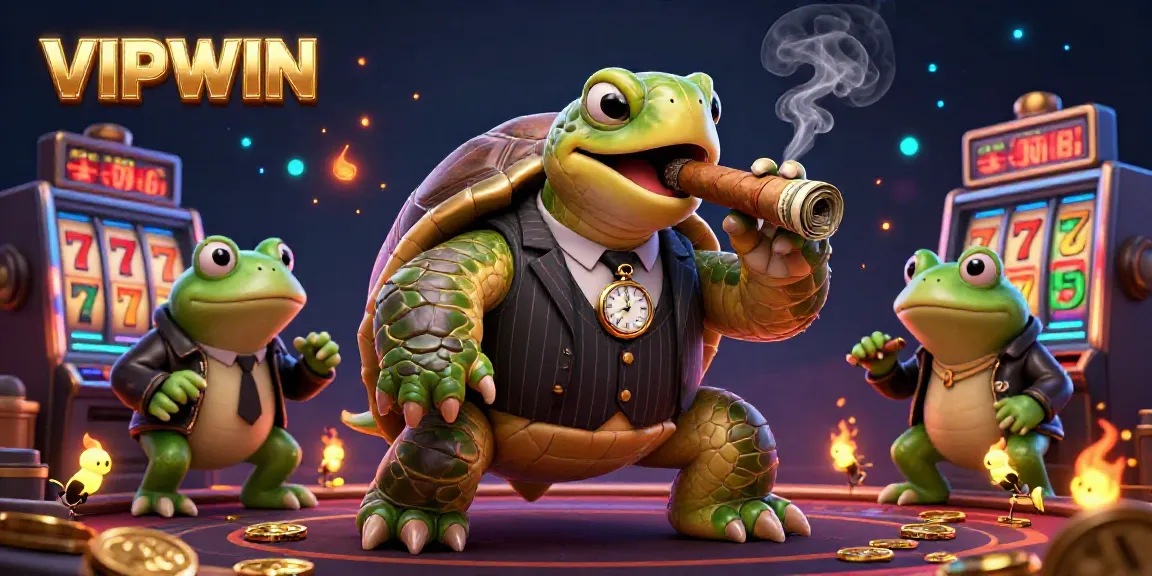 Engage in thrilling gameplay with VIPWIN featuring a mobster turtle and bullfrog enforcers amidst slot machine excitement.