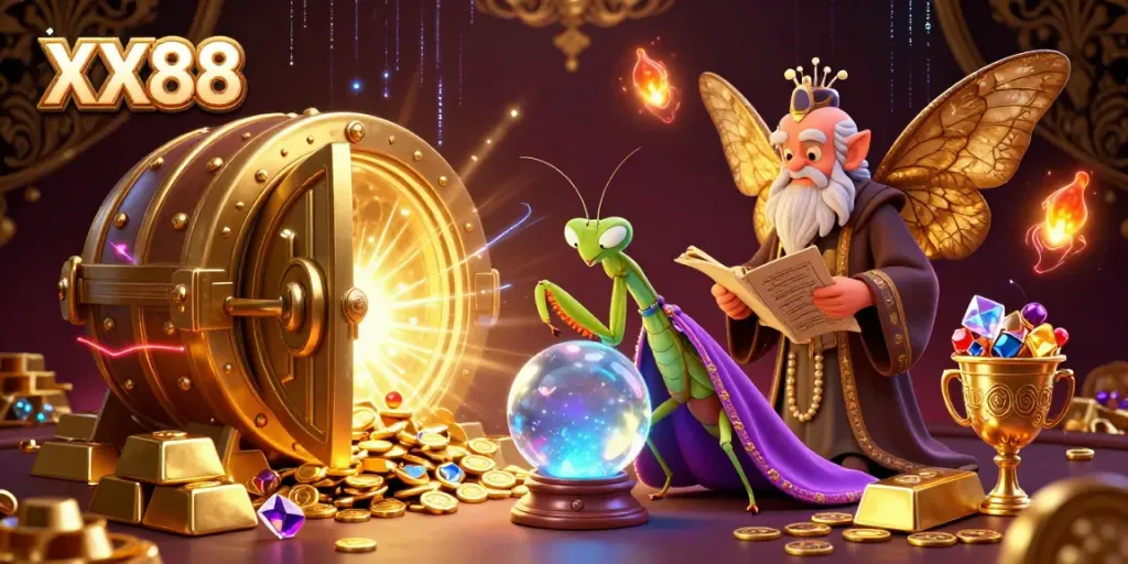 Experience fortune and luck at XX88 with a mystical scene featuring fortune tellers and treasures.