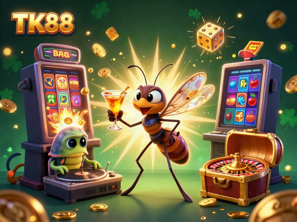 Experience the excitement of TK88 with a vibrant casino scene featuring a golden roulette wheel and dynamic characters.