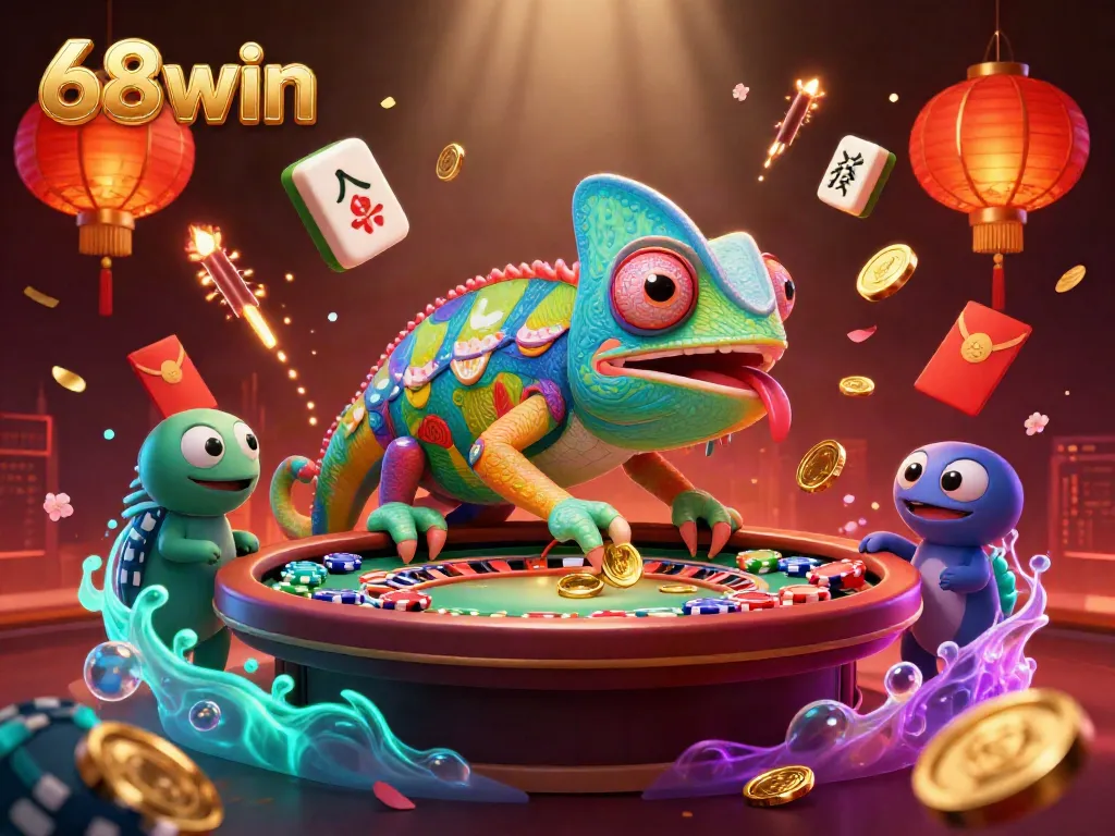 Experience the vibrant 68win casino world with a dynamic chameleon character and rich game elements.