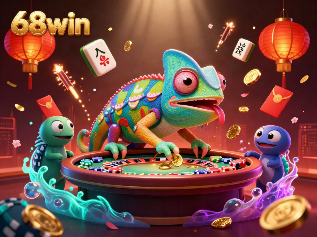 Experience the vibrant 68win casino world with a dynamic chameleon character and rich game elements.