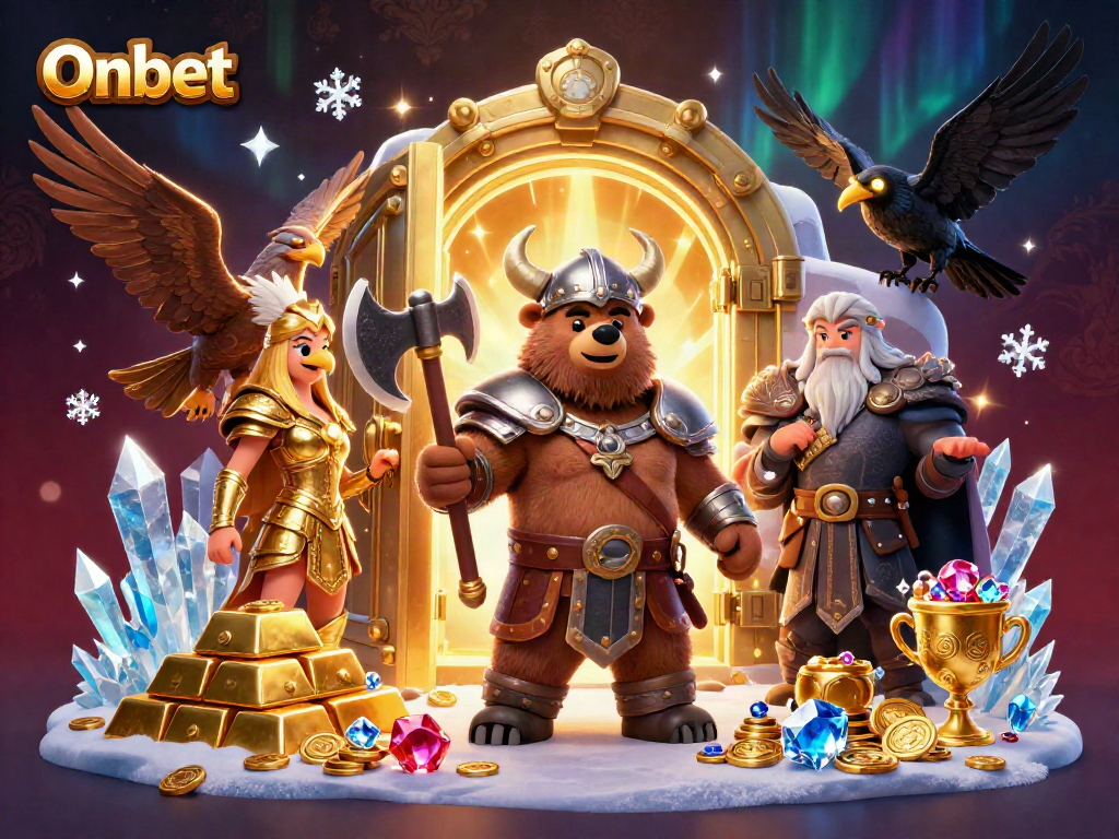 Engage with the exciting Onbet experience featuring a Viking bear, Valkyrie, and glowing treasures in a vibrant casino setting.