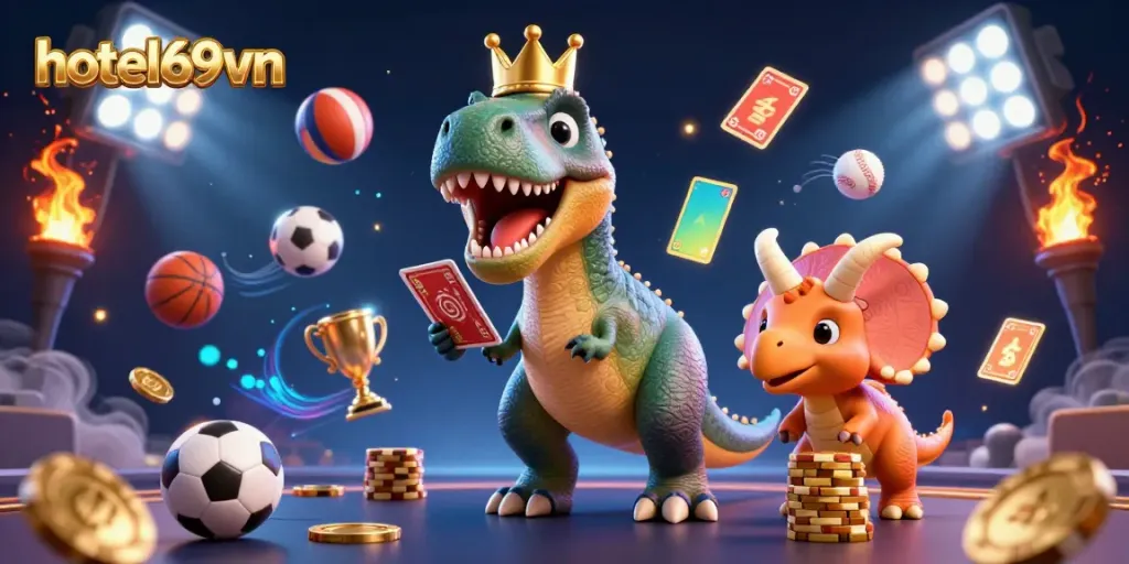 Experience exciting gaming moments at hotel69vn with playful dinosaur characters and dynamic betting elements.