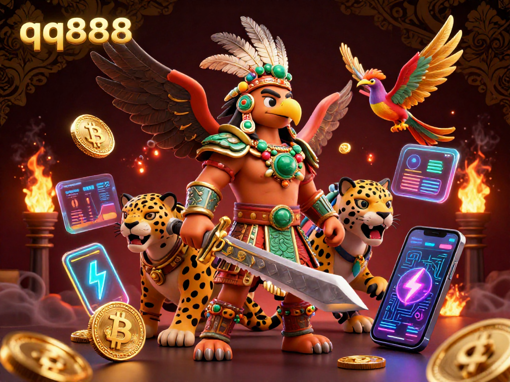 Engage with the exciting gameplay at qq888, showcasing Aztec warrior characters and crypto-themed elements.