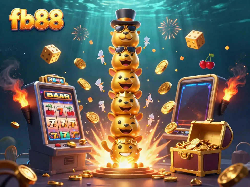 Experience the thrill of online gaming at fb88 with a vibrant 3D casino illustration bursting with excitement.