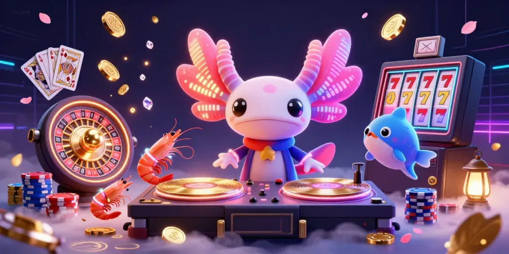 Experience thrilling gameplay at sv368 with neon axolotl DJ and vibrant casino elements in an underwater scene.