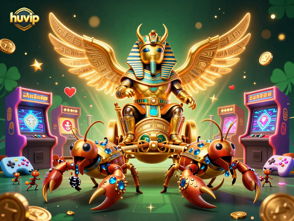 Play exciting games at huvip while enjoying a vibrant casino-themed scene featuring colorful characters.