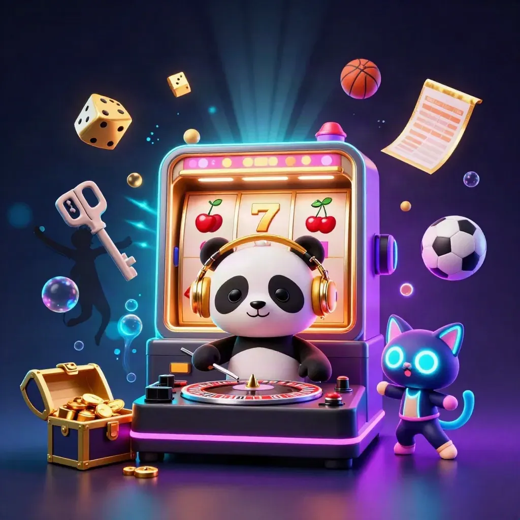 DJ panda, breakdancing monkey, and glow kitten amid casino bursts, dice, balls, and cyan-purple light.