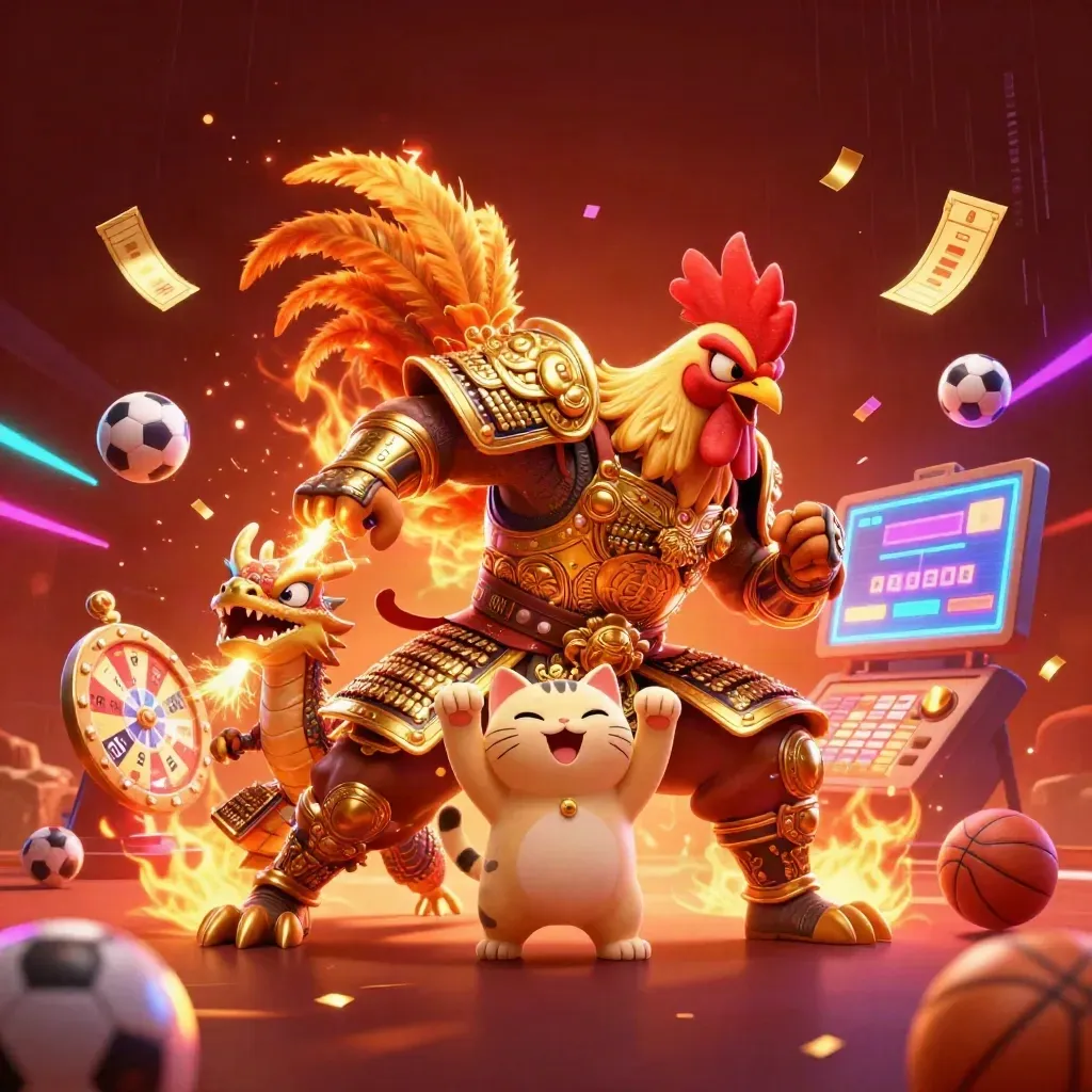 Rooster samurai, dragon hatchling and fortune cat amid casino loot and neon cyan energy.