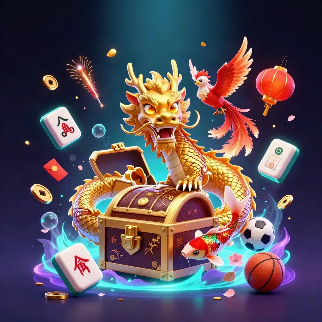 Golden dragon with phoenix and koi amid casino and sports icons in neon cyan, violet and gold.