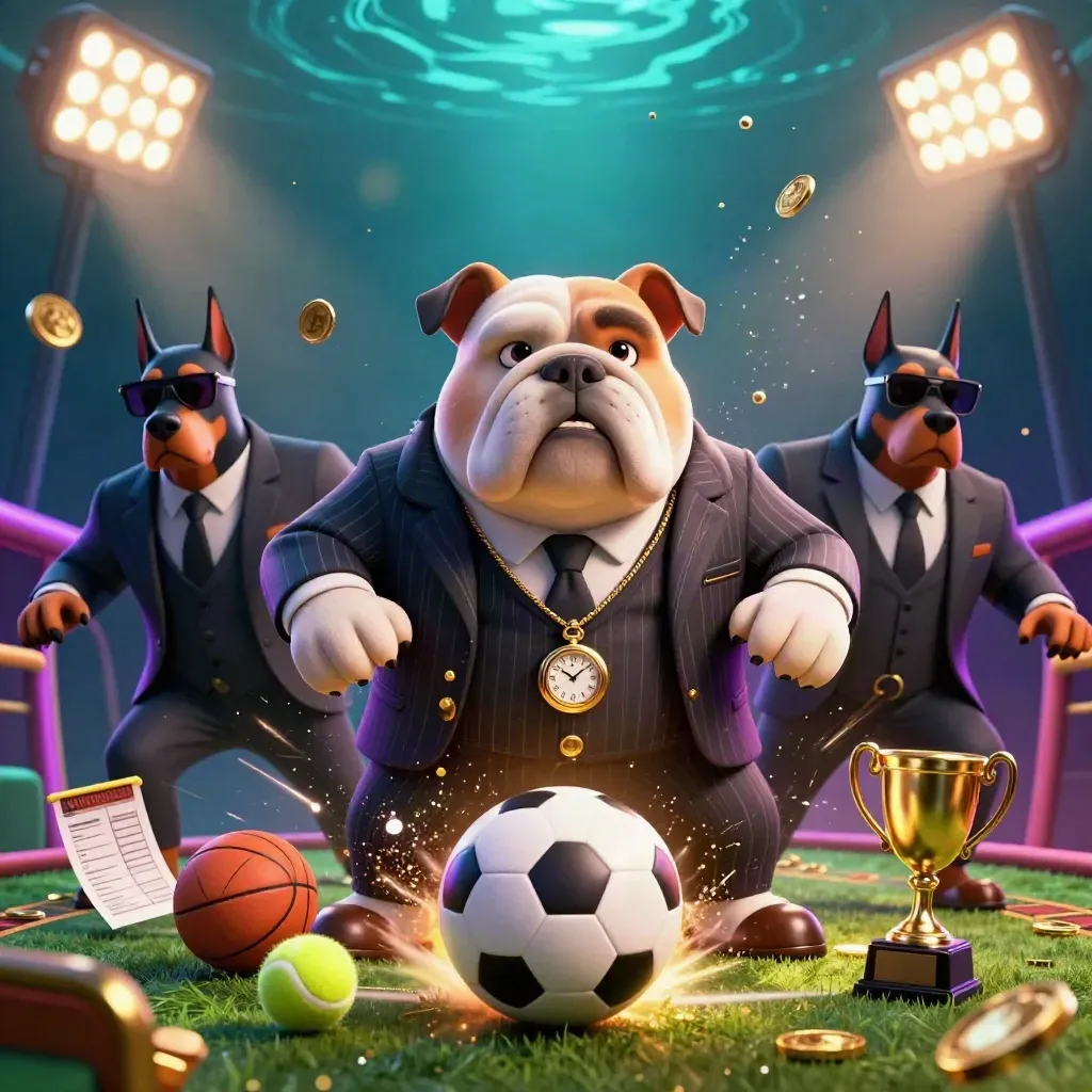 Cartoon bulldog casino boss with Dobermans, flying sports balls, trophy and neon lights.