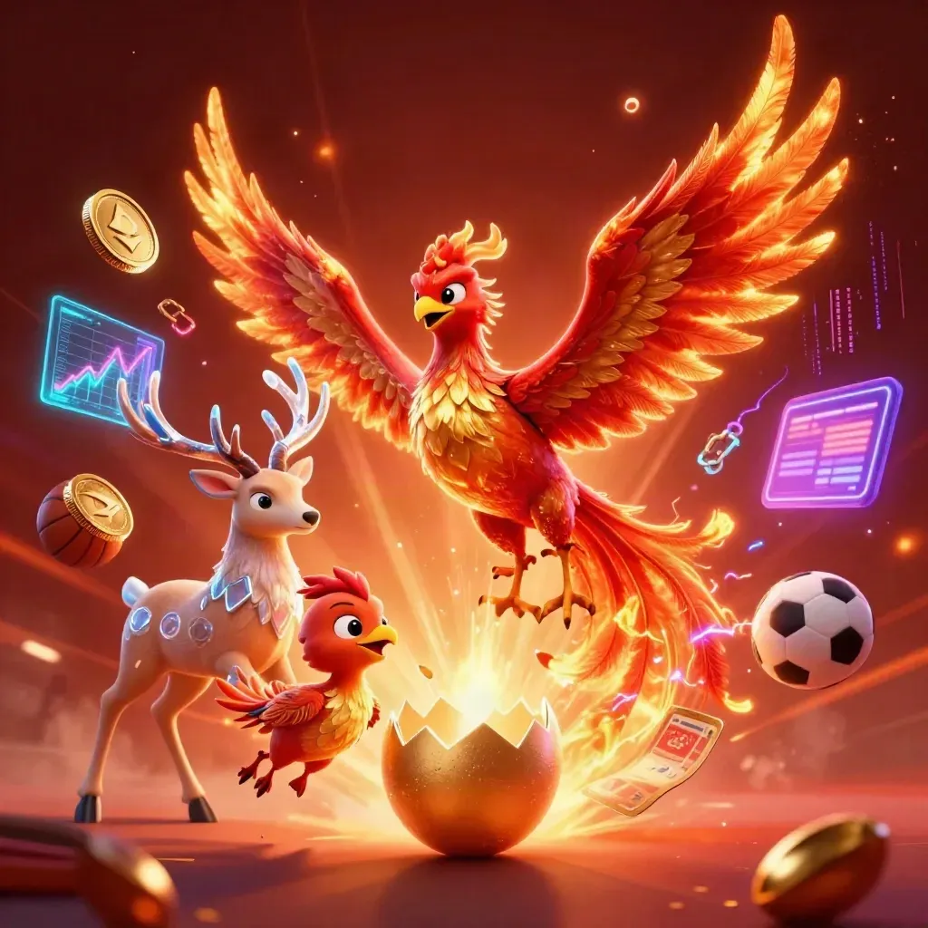 Phoenix, baby phoenix, and crystal stag amid glowing coins, balls, and electric casino effects.