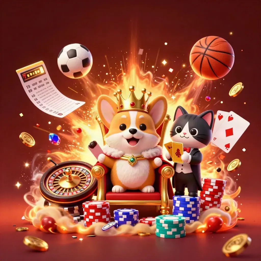 Royal corgi and cat butler amid chips, coins, sports balls, and casino lights.