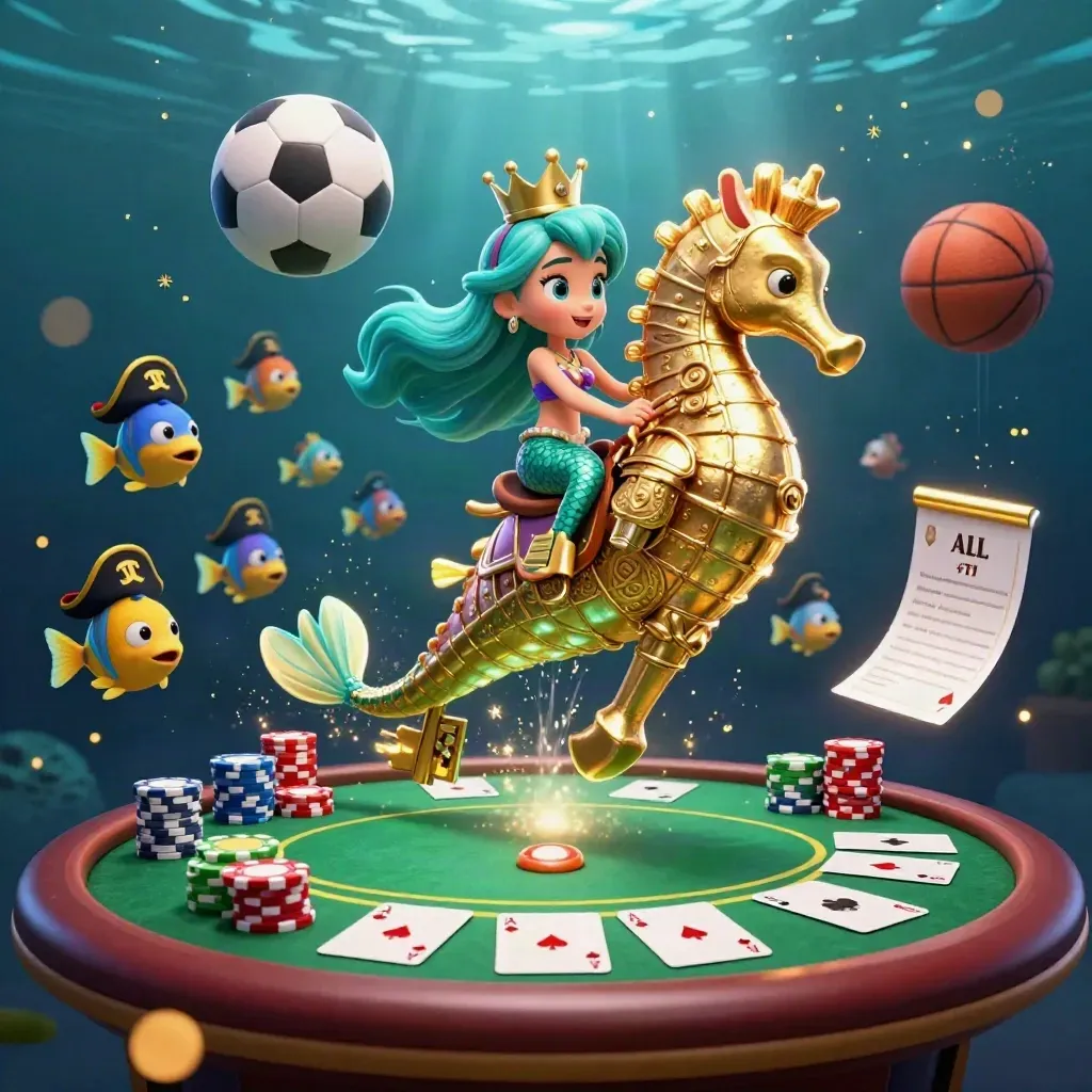 Mermaid princess rides a gold-armoured seahorse among chips, cards, fish, and glowing underwater lights.