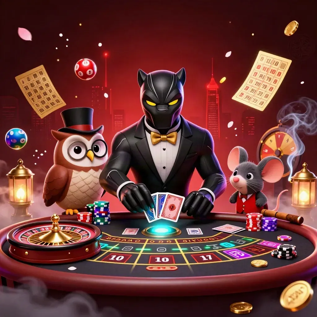 Black panther, owl, and mouse in a luxury casino scene with glowing cards, wheels, and neon city haze.