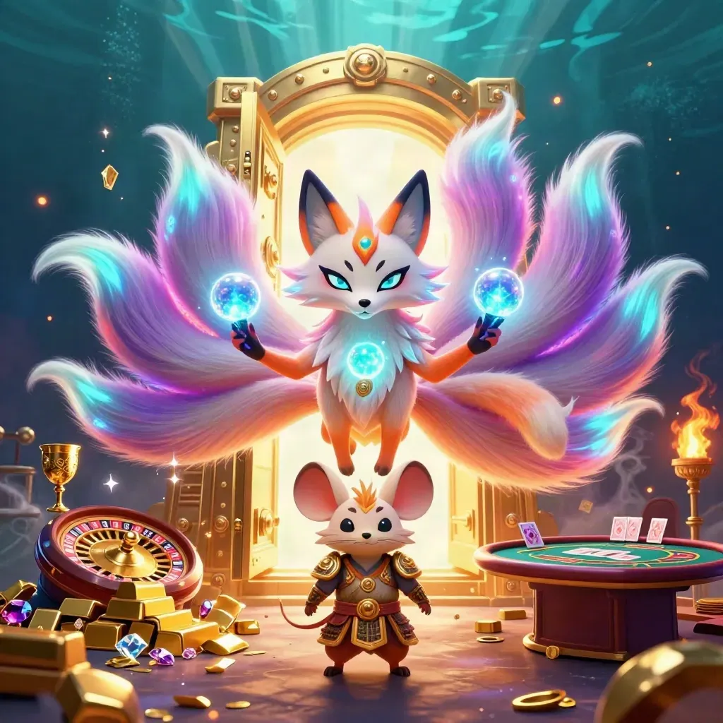 Fox spirit and armored mouse amid treasure, neon magic, casino luxury, and vault light.