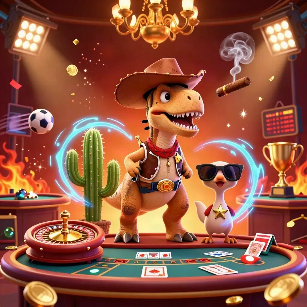 Cowboy T-Rex, cactus sidekick, and sheriff roadrunner amid casino and sports spectacle.