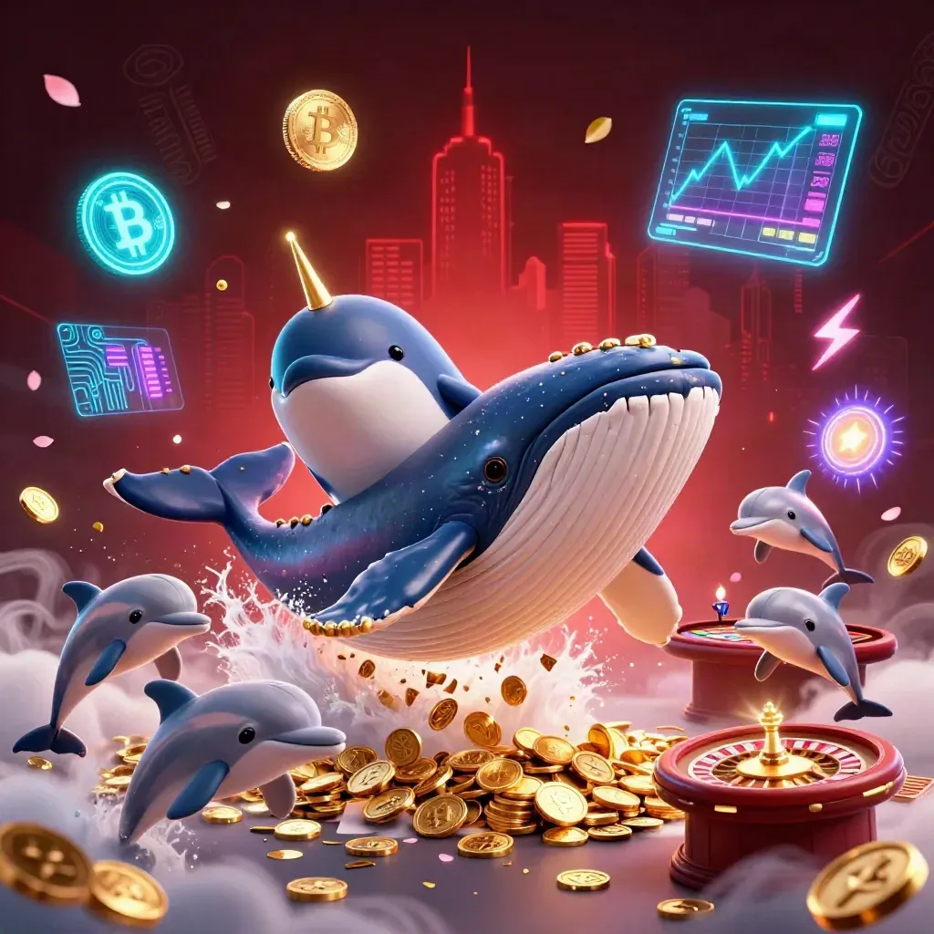 Whale captain, narwhal, and dolphins in a luxe coin sea with neon casino effects.