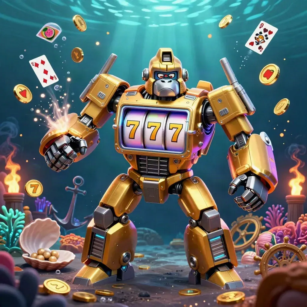 Golden gorilla mech in an underwater treasure cove, coins, coral, cards, and neon cyan glow