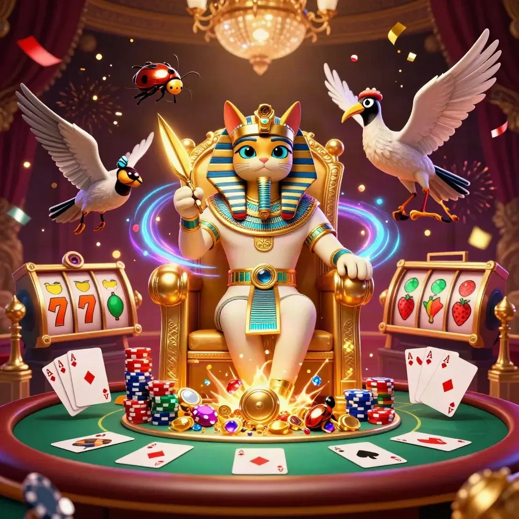 Pharaoh cat, ibis scribe, and gem-winged scarabs erupt over casino cards and chips.