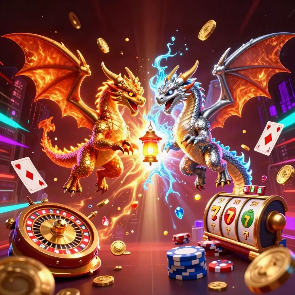 Twin gold and silver dragons spiral around coins, gems, cards and neon cyan energy.
