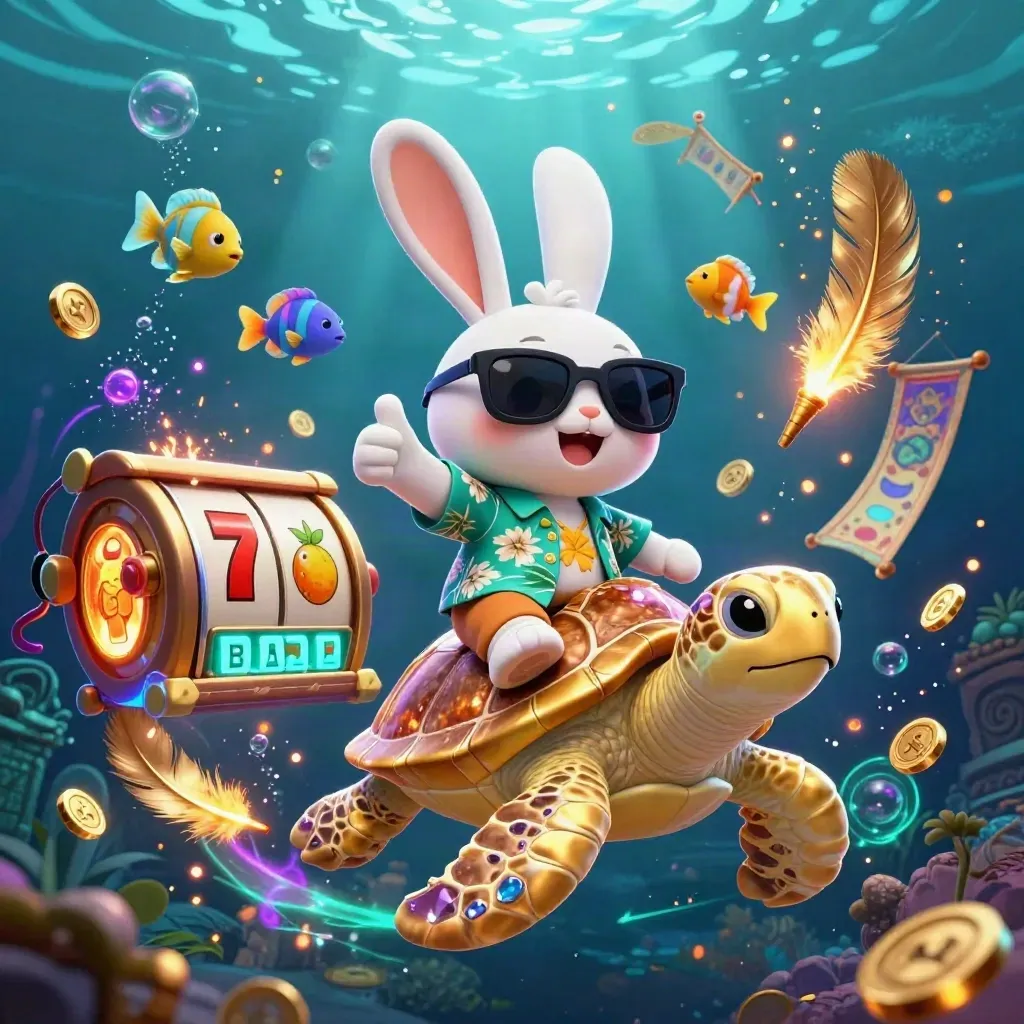 Lucky rabbit rides a golden sea turtle underwater amid casino treasures and neon cyan glow.