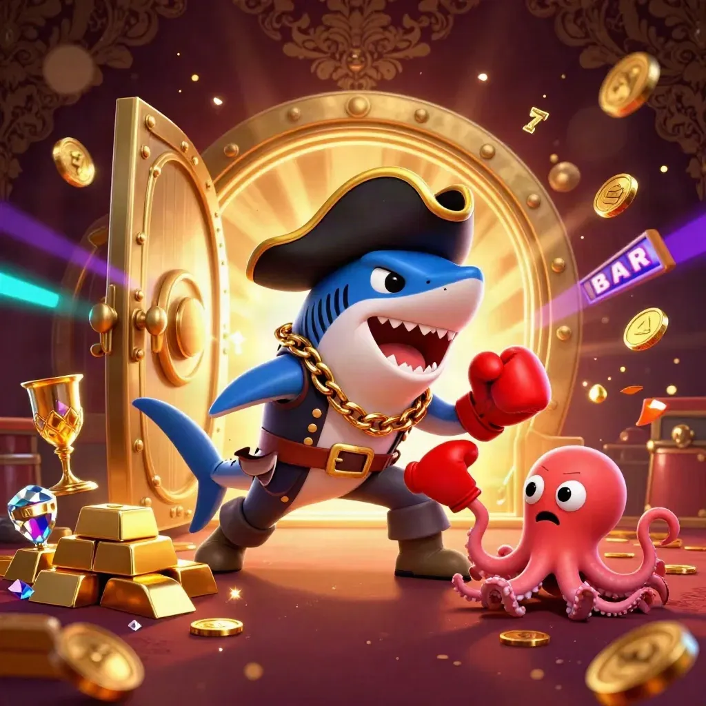 Shark captain, boxing pufferfish, and coin-juggling octopus burst from a glowing treasure vault.