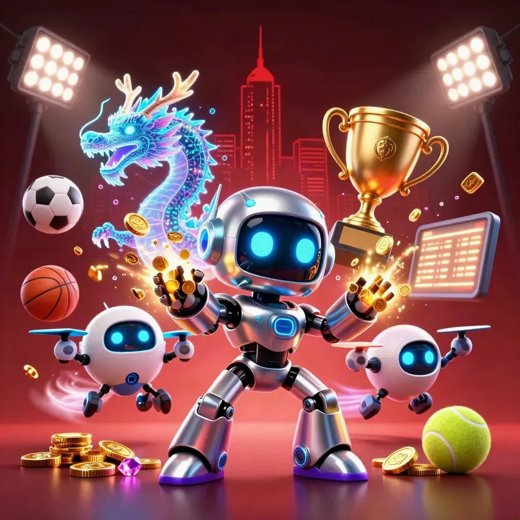 Cyberpunk robot, holographic dragon and coin drone burst amid gold, gems and sports balls in neon casino art.