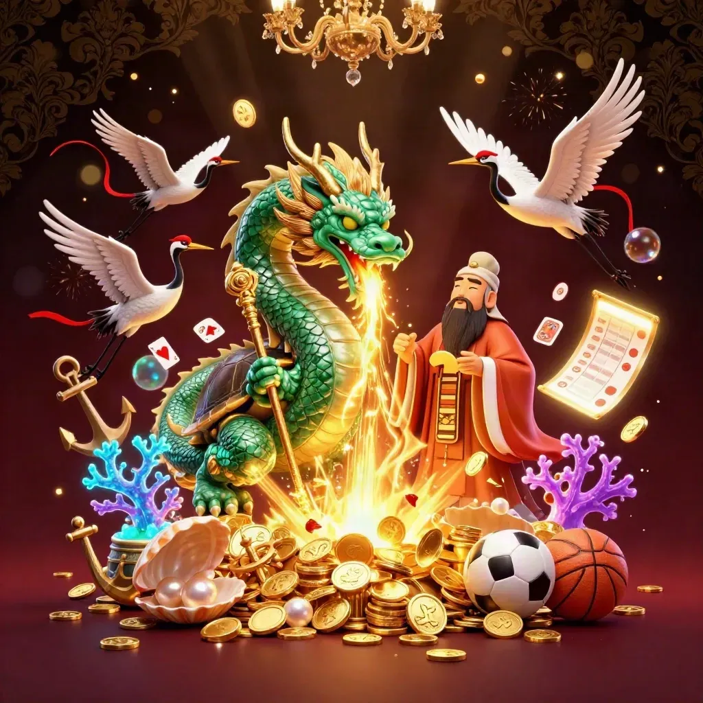 Jade dragon, turtle sage and cranes amid gold coins, treasure cove glows, fireworks, sports betting icons.