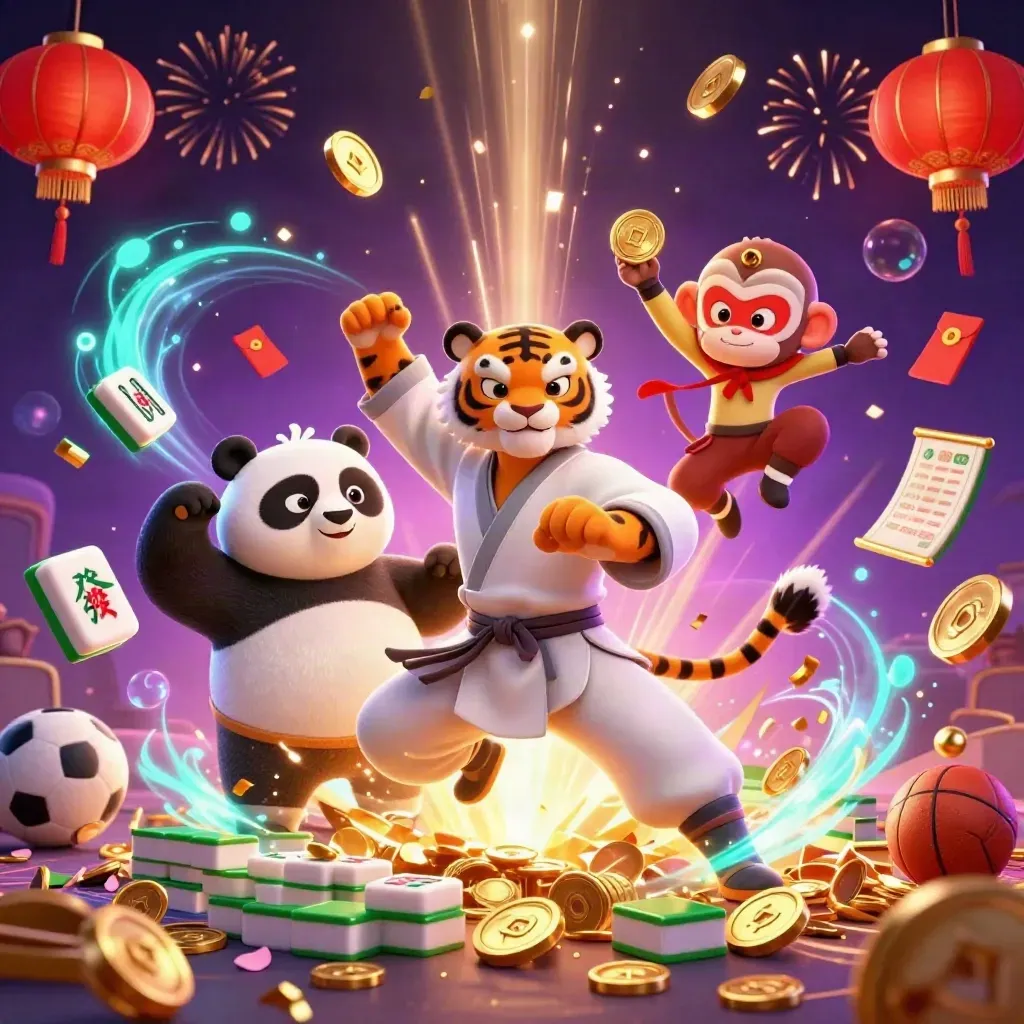 Kung-fu tiger, panda, and monkey erupting from a treasure vault amid coins, fireworks, and casino symbols.
