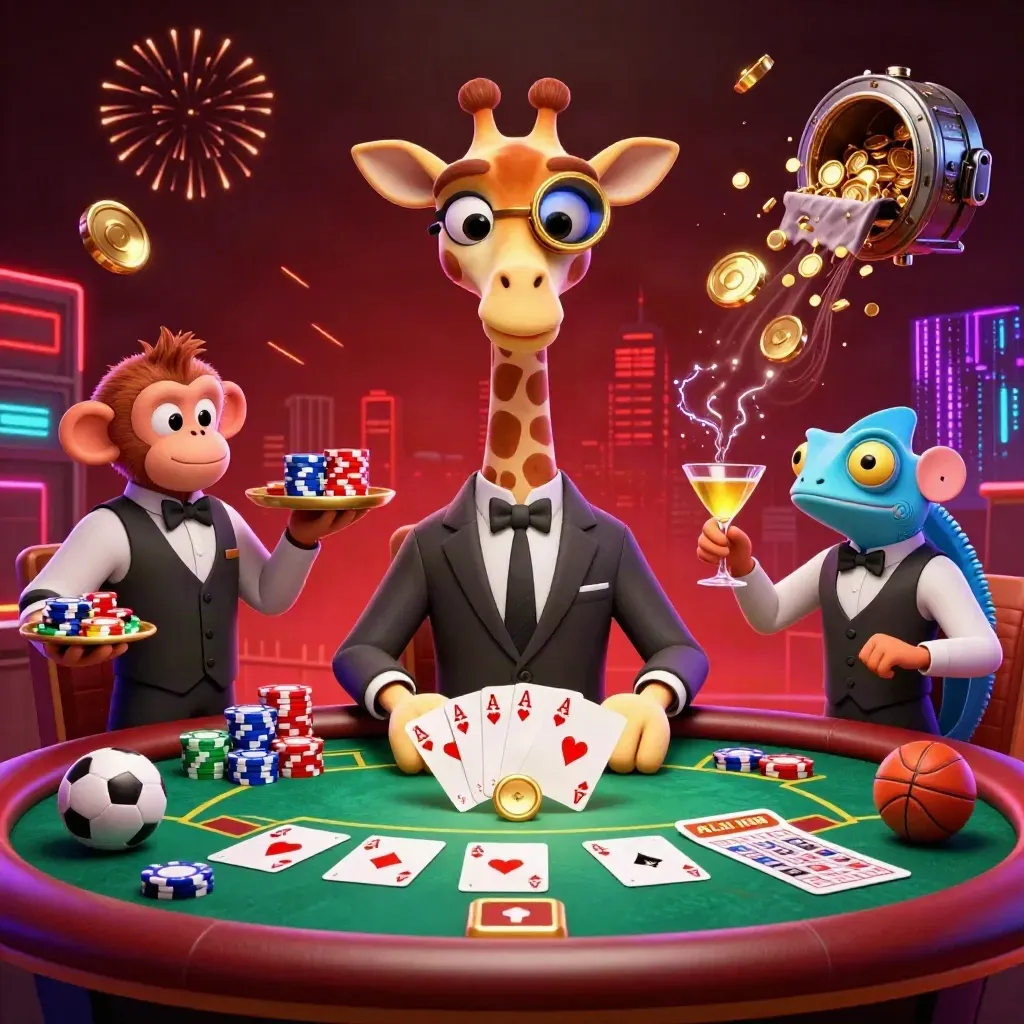 Giraffe VIP, monkey valet, and chameleon bartender amid chips, coins, fireworks, and neon energy.