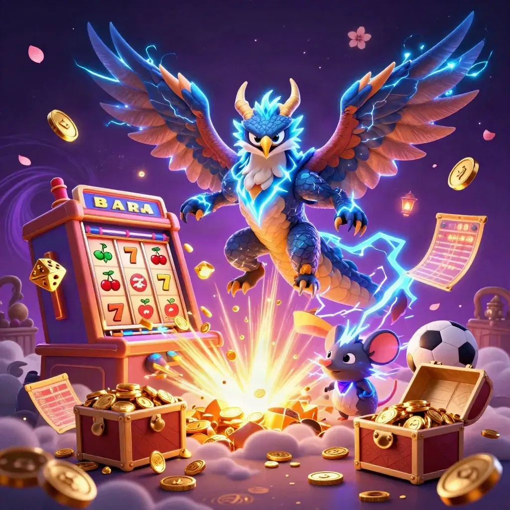 Thunder dragon, hawk, and mouse amid jackpot burst, coins, symbols, and sports betting props.