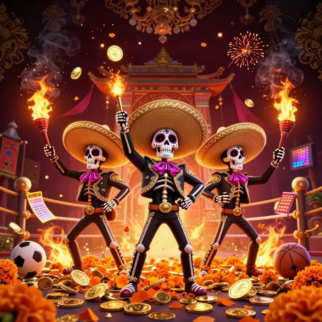 Day-of-the-Dead mariachi skeleton trio amid gold coins, fireworks, and casino lights.