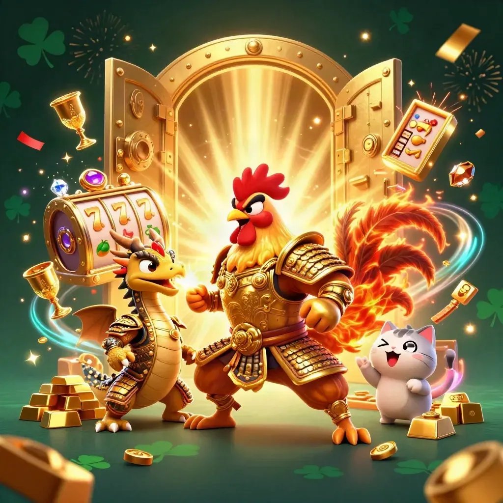 Rooster warrior, dragon hatchling, and fortune-cat burst from a golden vault with casino loot.