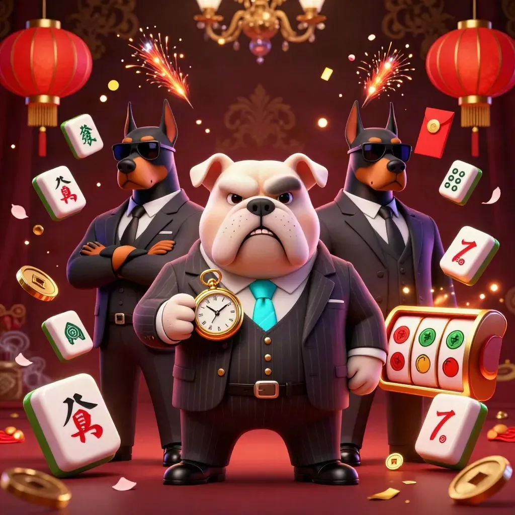 Mafia bulldog with two Doberman guards amid casino reels, jade coins, lanterns, and neon sparks