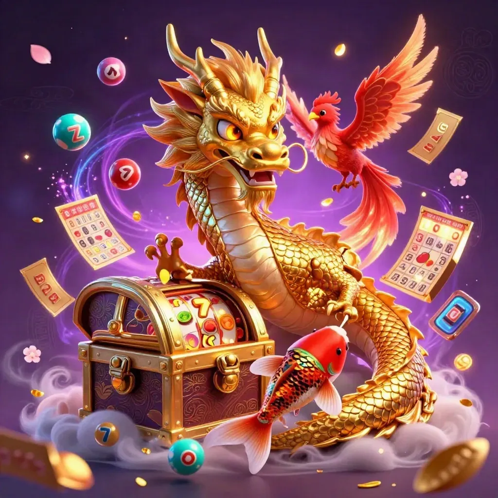 Golden dragon with phoenix and koi amid casino symbols in neon purple and gold glow.