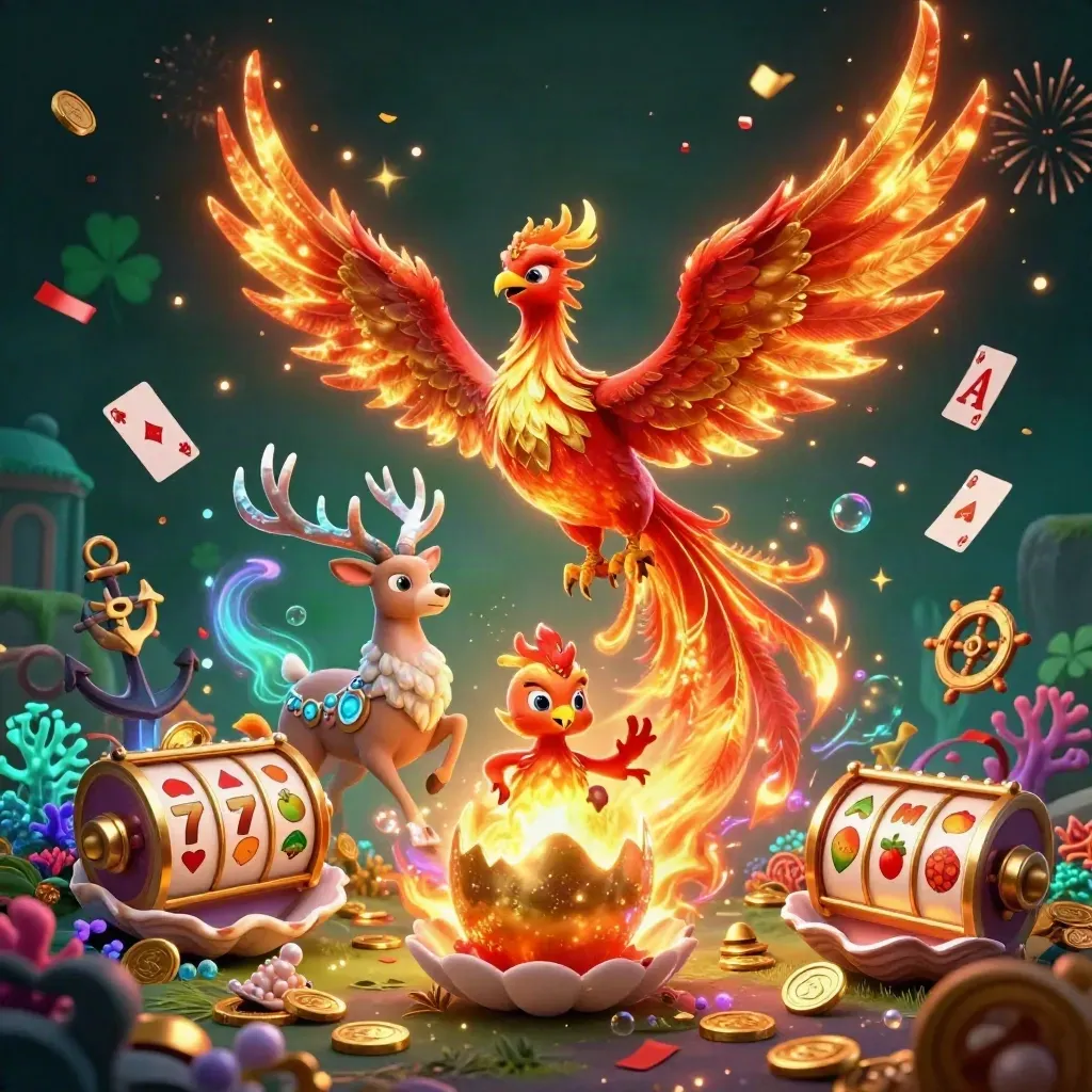 Phoenix, baby phoenix, and crystal stag amid gold coins, coral, reels, and casino magic