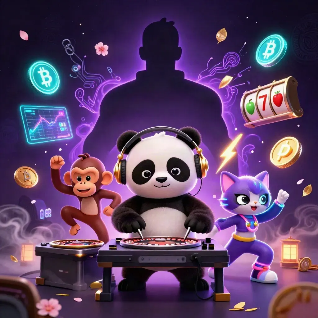 DJ panda, breakdancing monkey, and rave kitten with casino and crypto effects in neon purple light.