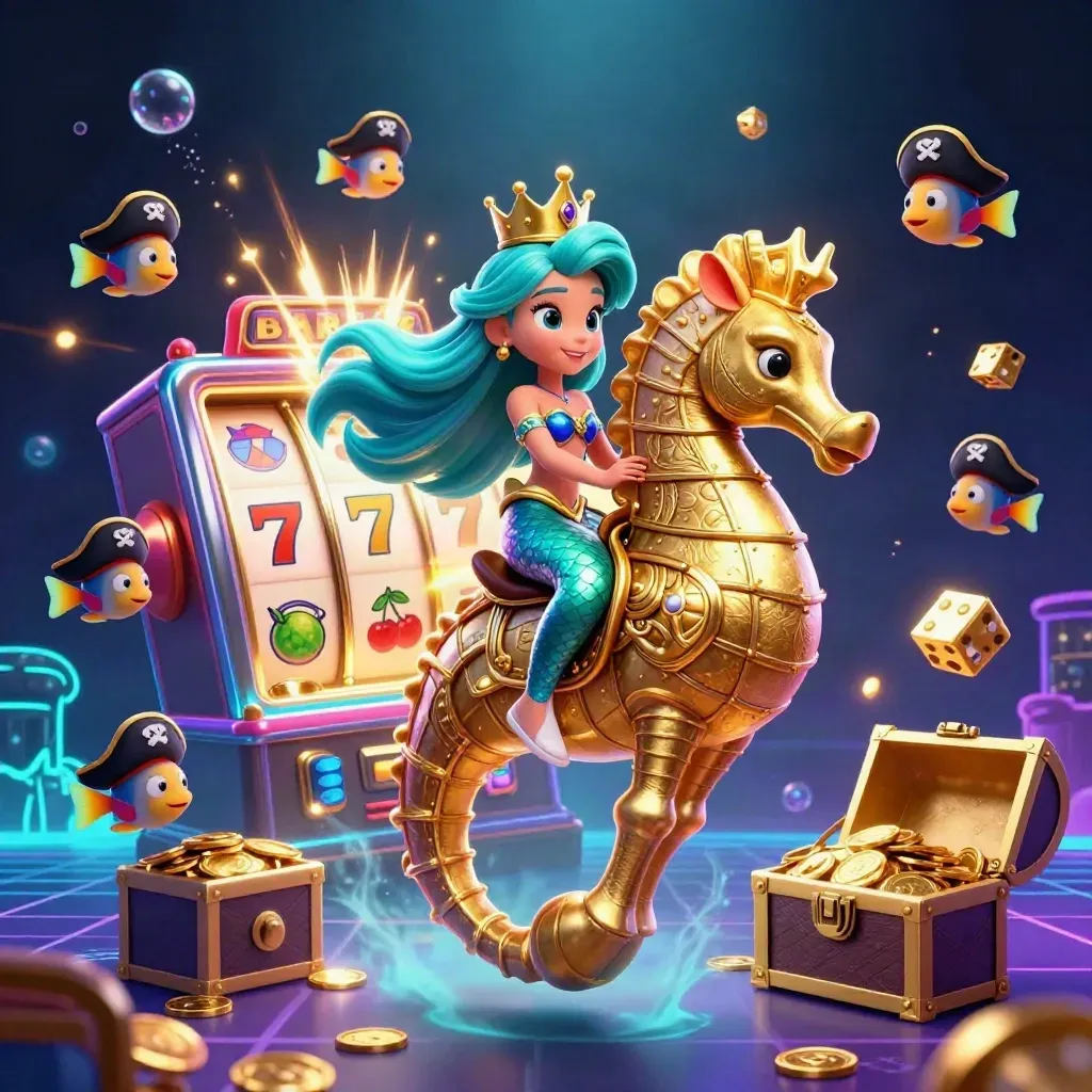 Mermaid princess on armored seahorse amid slot jackpots, pirate fish, gold coins, neon underwater glow.