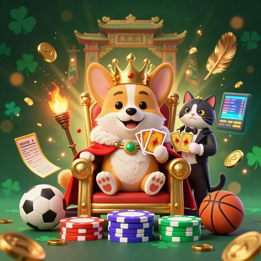 Royal corgi and cat butler amid casino chips, gold sparks, neon lights, and sports betting icons.