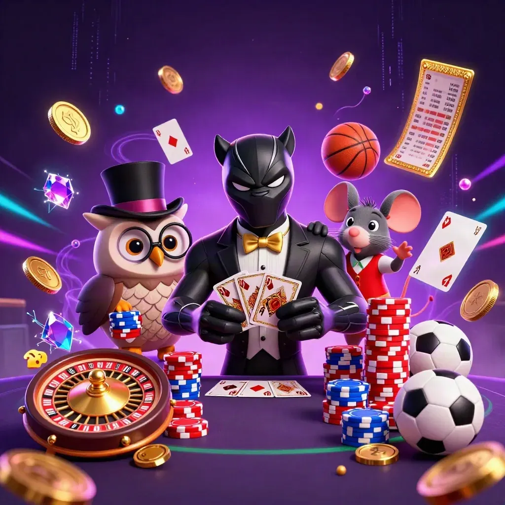 Panther, owl, and mouse amid chips, coins, roulette wheel, and neon casino effects.