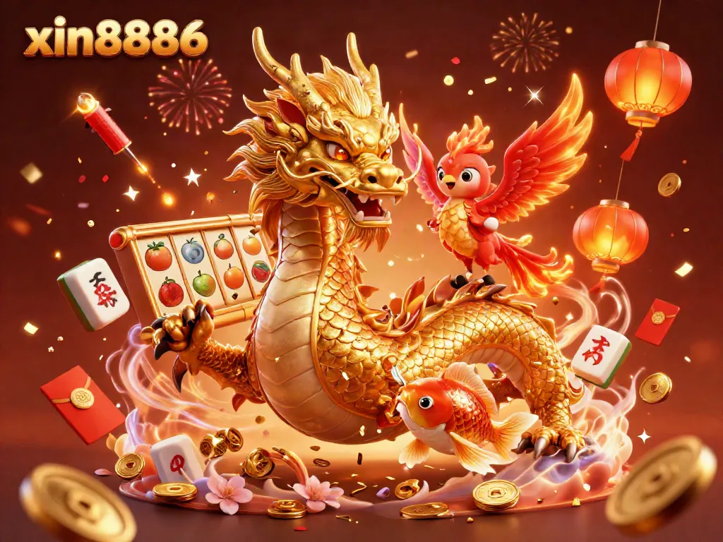 Experience the excitement of xin8886 with vibrant slot reels and a golden dragon soaring through a festive scene.