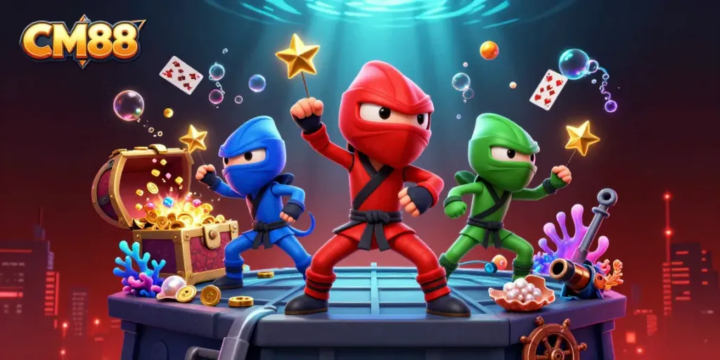 CM88 showcases a vibrant 3D scene with ninja chameleons amid casino elements, celebrating gaming excitement.