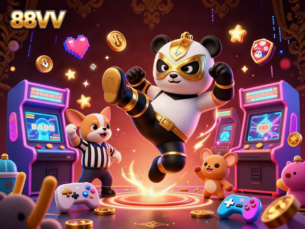 Experience winning moments with 88VV as a panda wrestler kicks in a vibrant casino scene.
