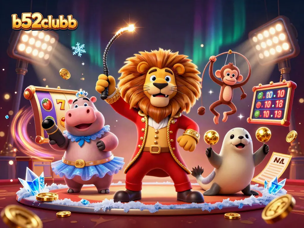Engage in exciting games at b52clubb with colorful 3D circus characters and dynamic casino elements.