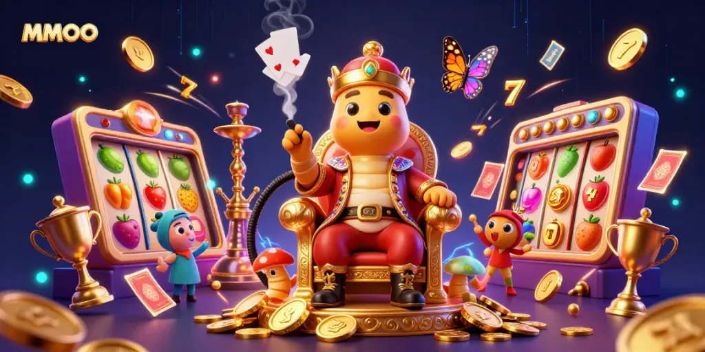 Win at MMOO with a dynamic illustration of a caterpillar hookah-master and slot elements.